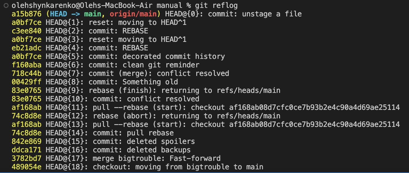 The result of git reflog command